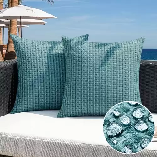 Kevin Textile Outdoor Waterproof Throw Pillow Covers Pack of 2 Weaving Texture Water Resistant Outside Decorative Cushion Covers for Garden Patio Tent Balcony Bench Couch Sofa 18x18 Inch, Teal