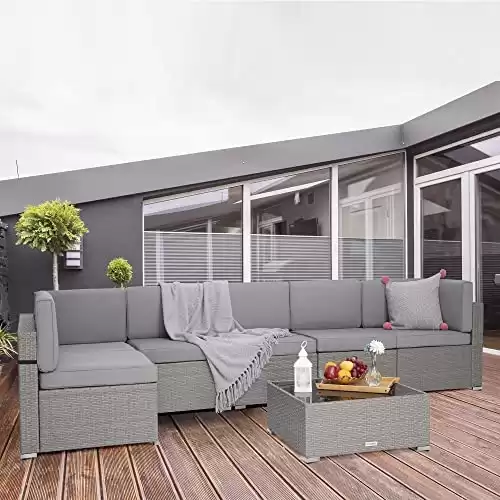 Pamapic Outdoor Sectional Furniture for 6,Wicker Patio Furniture,All-Weather Gray PE Rattan Sectional Sofa, Conversation Set with Washable Silver Gray Cushions Covers and Coffee Table for Garden