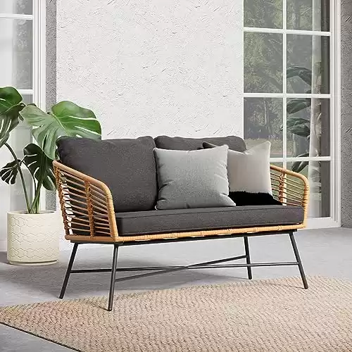 Nathan James Bohemian Upholstered Outdoor Patio Seating, Loveseat Sofa, Rattan Wicker/Black Cushion - Flow