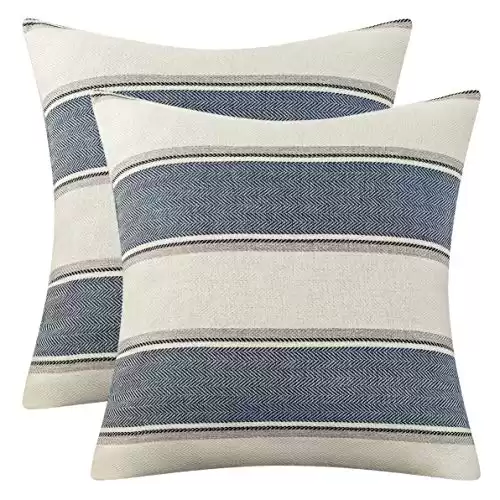 AmHoo Pack of 2 Farmhouse Linen Throw Pillow Cover Cushion Stripe Decoration Buffalo Retro Pillowcase with Hidden Zipper for Sofa Bedroom Car 18 x 18 Inch Blue