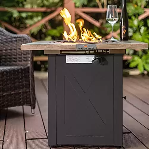 LEGACY HEATING 28Inch Outdoor Gas Fire Pit Table, 50,000 BTU Fire Pits, 2 in 1 Square Propane Firepit Table, ETL Certified Fire Table Easy to assembly, with Lid, Lava Rock for Party on Patio Deck,Wood