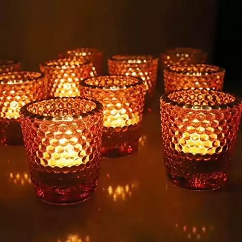 WOHO Votive Candle Holders Set of 12, Amber Glass Votive Candle Holder Bulk with Gold Rim for Table Centerpiece, Tealight Candle Holder for Home Decor, Wedding Party