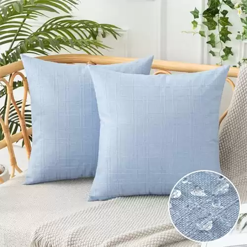 UGASA Outdoor Throw Pillow Covers Pack of 2 Plaid Texture Waterproof Farmhouse Linen Decorative Square Cushion Pillows Covers for Patio Porch Outside Yard Garden Bench 18x18 Inch, Light Blue