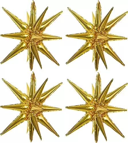 Toniful 4 Pcs 22inch 4D Gold Starburst Cone Mylar Balloons 14Point Star Balloons Explosion Star Foil Balloons for Party Supplies Backdrop Christmas,New Year,Birthday, Wedding,Photo Booth Ornament