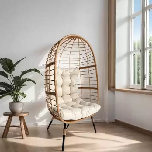 Meluvici Wicker Egg Chair, Small Outdoor Indoor Loung Chair, Rattan Patio Egg Chairs with Stand for Balcony, Porch, Living Room and Graden, Beige