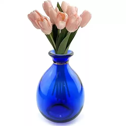 Glass Vase for Flowers, Rounded Small Blue Glass Vase for Home Decor Gift Centerpieces Events (Dark Blue & Gold)