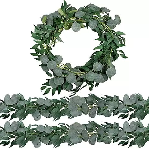 Trimgrace 2 Pack 6.5 Feet Artificial Eucalyptus Garland with Willow Leaves Faux Greenery Garland for Wedding Party Home Table Runner Arch Decor