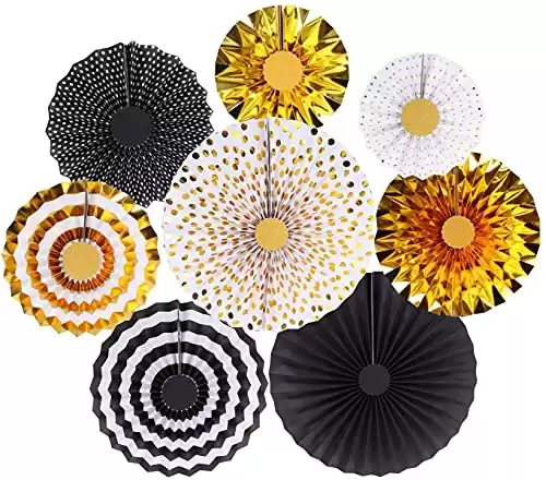 Bestage 8 Pcs Decoration Hanging Party Black Gold Paper Fans Set for Birthday Wedding Graduation Events Accessories