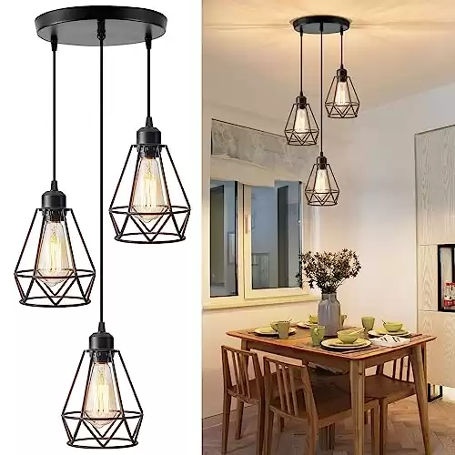 YXTH 3-Light Pendant Light Fixtures, Farmhouse Hanging Pendant Lighting, Adjustable Industrial Kitchen Island Hanging Light Fixture, Black Metal Cage Pendant Ceiling Lamp for Kitchen Dining Room