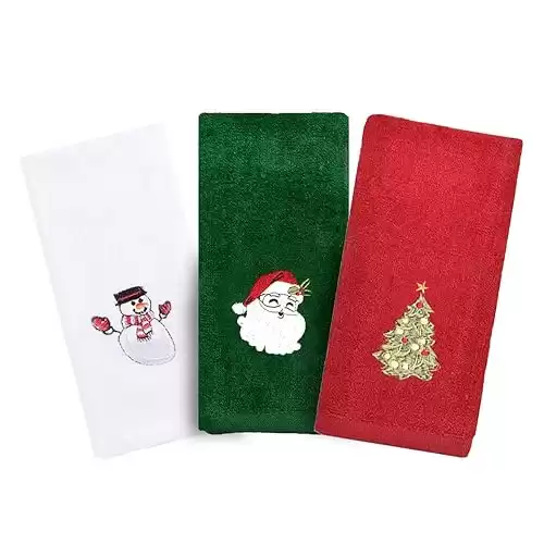 Christmas Hand Towels, 3 Packs Decorative Dish Towels Set, 100% Cotton Wash Basin Towels for Drying, Cleaning, Cooking & Baking, Embroidered Christmas Holiday Design Towels Gift Set