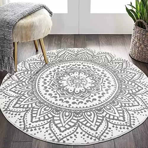 HEBE 4 Ft Round Area Rug Soft Chic Bohemian Mandala Machine Washable Non Slip Indoor Floor Mat Carpet for Living Room Sofa Bedroom Nursery Decor, Grey