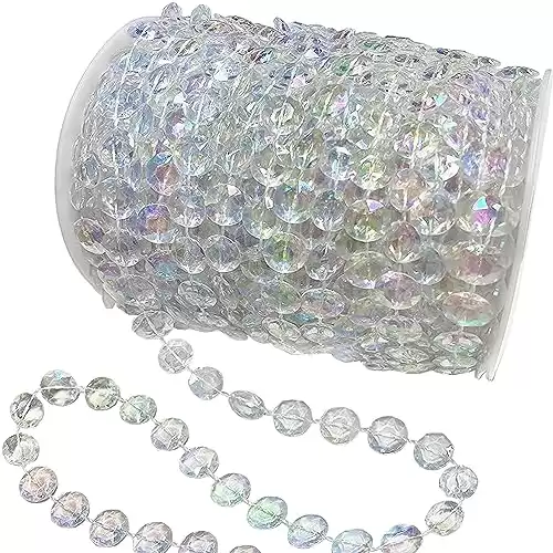 Jishi 99ft Crystal Beads Garland Strand, Iridescent Clear Acrylic Diamond Beads String Roll for Crafts, Beaded Curtains, Wedding Party Decorations, Plastic Crystal Garland for Christmas Tree Ornaments