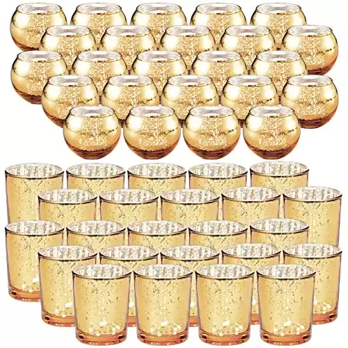 48 Pcs Votive Candle Holders Mercury Glass Candle Holder Tea Lights Candles Holders for Wedding Party Bridal Shower Anniversary Valentine's Day Table Centerpieces Decorations, 2 Styles (Gold)