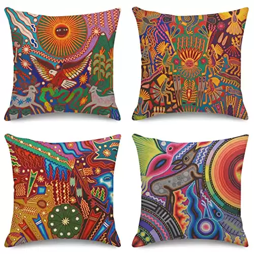 Sanwarm Throw Pillow Covers Home Decor Set of 4 Pillow Cases Decorative 18 x 18 Inches Outdoor Cushion Couch Sofa Pillowcases Colorful Boho Circle Doodle Ethnic Leaf