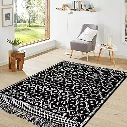 IOHOUZE Black Boho Area Rug - 4'x6' Cotton Indoor Outdoor Doormat, Black White Runners for Hallways, Machine Washable Runner Rug for Kitchen Bedroom Living Room Laundry