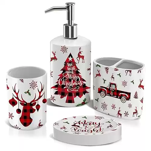 Christmas Bathroom Accessory Sets of 4,Reindeer Christmas Bathroom Decor,Christmas Toothbrush Holder Set for Farmhouse Indoor Christmas Bathroom Sets