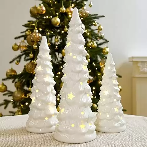 Set of 3 White Ceramic Christmas Trees Tabletop Christmas Tree with Stars and Dots Cutouts Ceramic White Christmas Decorations for Home