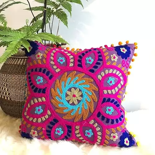 Suzani Pillows, Embroidered Cushion Cover 16x16, Decorative Throw Pillow Case, Indian Pom Pom Outdoor Cushions, Boho Pillow Shams