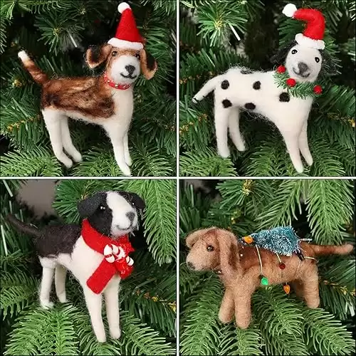 Juegoal Christmas Felt Dogs Ornaments Set of 4, Xmas Wool Puppy Hanging Decor, Felt Animal Crafts Woodland Cute Christmas Tree Wreath Decor for Home Party Supplies