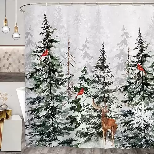 Baccessor Christmas Winter Snowy Forest Shower Curtain Pine Tree Cardinal Deer Snowflake Shower Curtain 72x72 Inch Xmas Holiday Bathroom Bath Rustic Farmhouse Decor Waterproof Weighted with Hooks