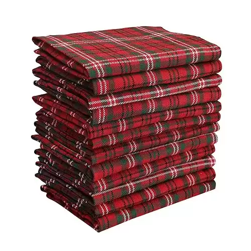 DG Collections Dinner Napkins, 100% Cotton Over Sized Kitchen Napkins, Set of 12 Pack (19 x 19 Inch) Red & Green Plaid for Christmas and Thanksgiving with Mitered Corner and Lint Free