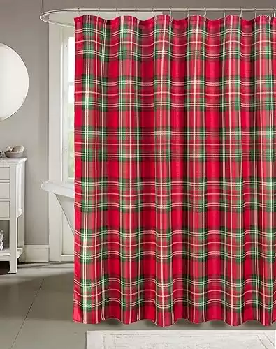 Serafina Home Holiday Christmas Shower Curtain for Bathroom: Elegant Fabric Holiday Christmas Plaid Ornamental Design, Red, Green, and White Decorative Print Design.