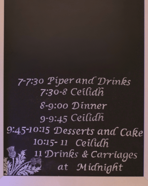 burns night menu with times. decorated with drawings of thistles